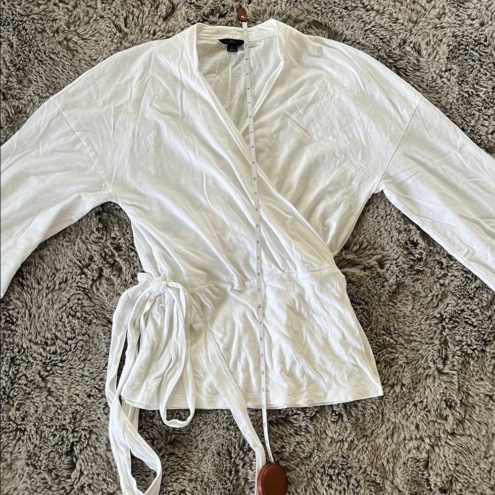J. Crew White Wrap top with Tie Belt and Billowy Sleeves